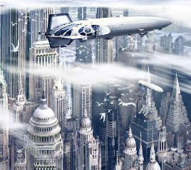 Airship over futuristic city