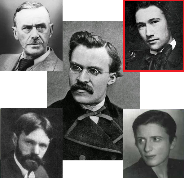 Nietzsche (center); Mann (upper left); Gide (upper right); Lawrence (lower left); Rand (lower right)