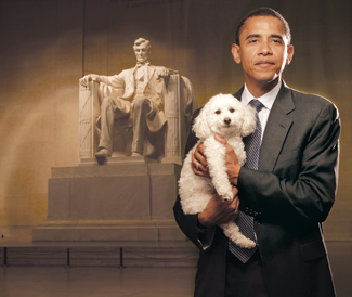 Obama holding 3-legged dog in front of Lincoln Memorial